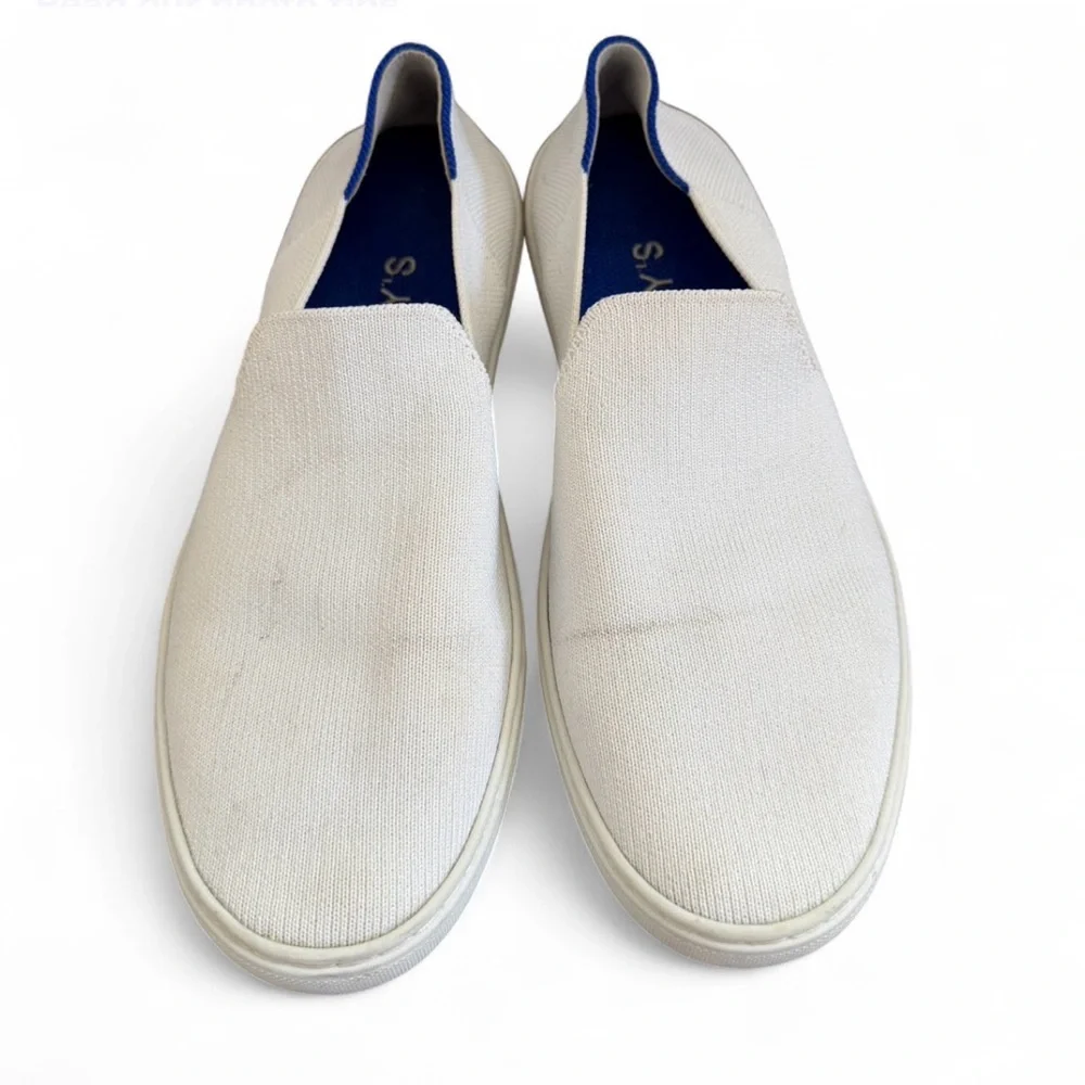 Rothy’s The Original Slip On Sneaker W8 Bright White Blue Stripe Comfort Shoes